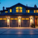 A photograph of a beautifully illuminated exterior garage