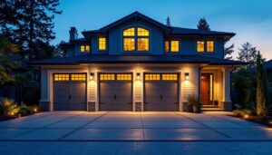 A photograph of a beautifully illuminated exterior garage