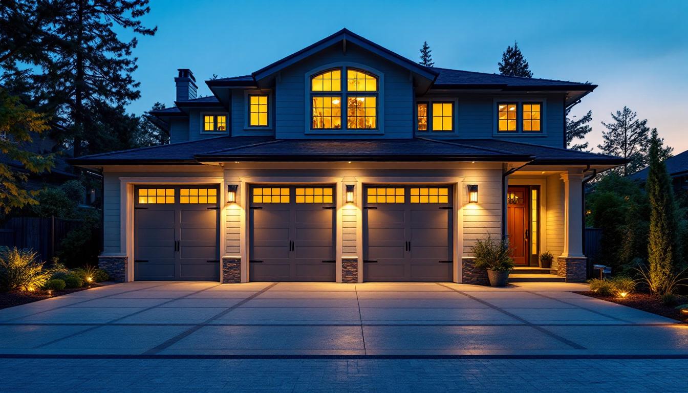 A photograph of a beautifully illuminated exterior garage