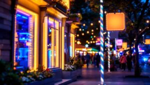 A photograph of a vibrant outdoor scene featuring illuminated signs with led backlighting