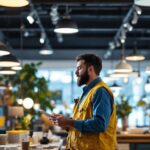A photograph of a lighting contractor examining a variety of stylish light fixtures in a well-lit showroom