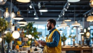 A photograph of a lighting contractor examining a variety of stylish light fixtures in a well-lit showroom