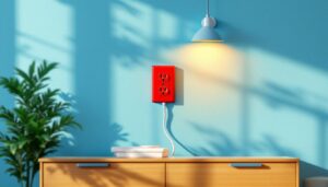 A photograph of a vibrant red electrical wall outlet installed in a modern