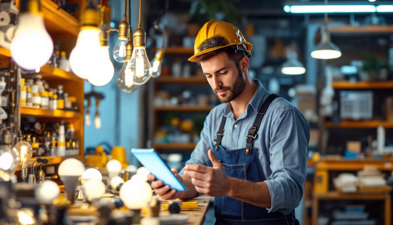 A photograph of a lighting contractor in action