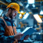 A photograph of a skilled lighting contractor meticulously reviewing a detailed checklist while standing in a well-lit space filled with various lighting fixtures and tools