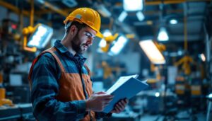 A photograph of a skilled lighting contractor meticulously reviewing a detailed checklist while standing in a well-lit space filled with various lighting fixtures and tools