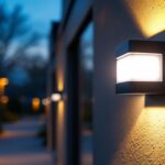 A photograph of a well-lit outdoor area showcasing a wall pack light with emergency battery backup in action during dusk