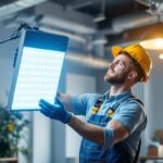 A photograph of a lighting contractor installing or showcasing a 300w led light fixture in a commercial or residential setting