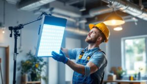 A photograph of a lighting contractor installing or showcasing a 300w led light fixture in a commercial or residential setting