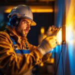 A photograph of a skilled lighting contractor expertly installing vibrant 24-inch led strip lights in a stylish interior setting