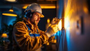 A photograph of a skilled lighting contractor expertly installing vibrant 24-inch led strip lights in a stylish interior setting
