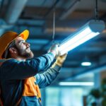A photograph of a lighting contractor installing or inspecting a 2-foot fluorescent light fixture in a commercial setting