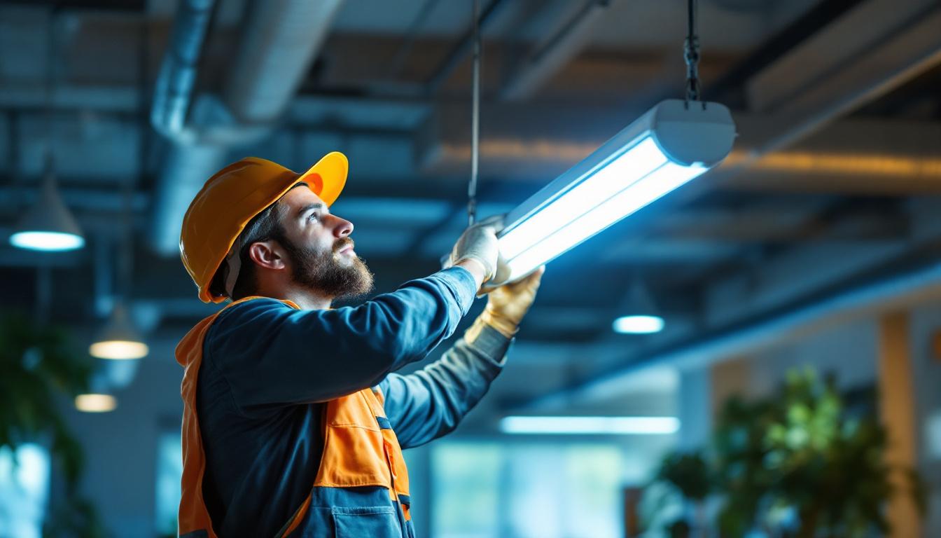 A photograph of a lighting contractor installing or inspecting a 2-foot fluorescent light fixture in a commercial setting