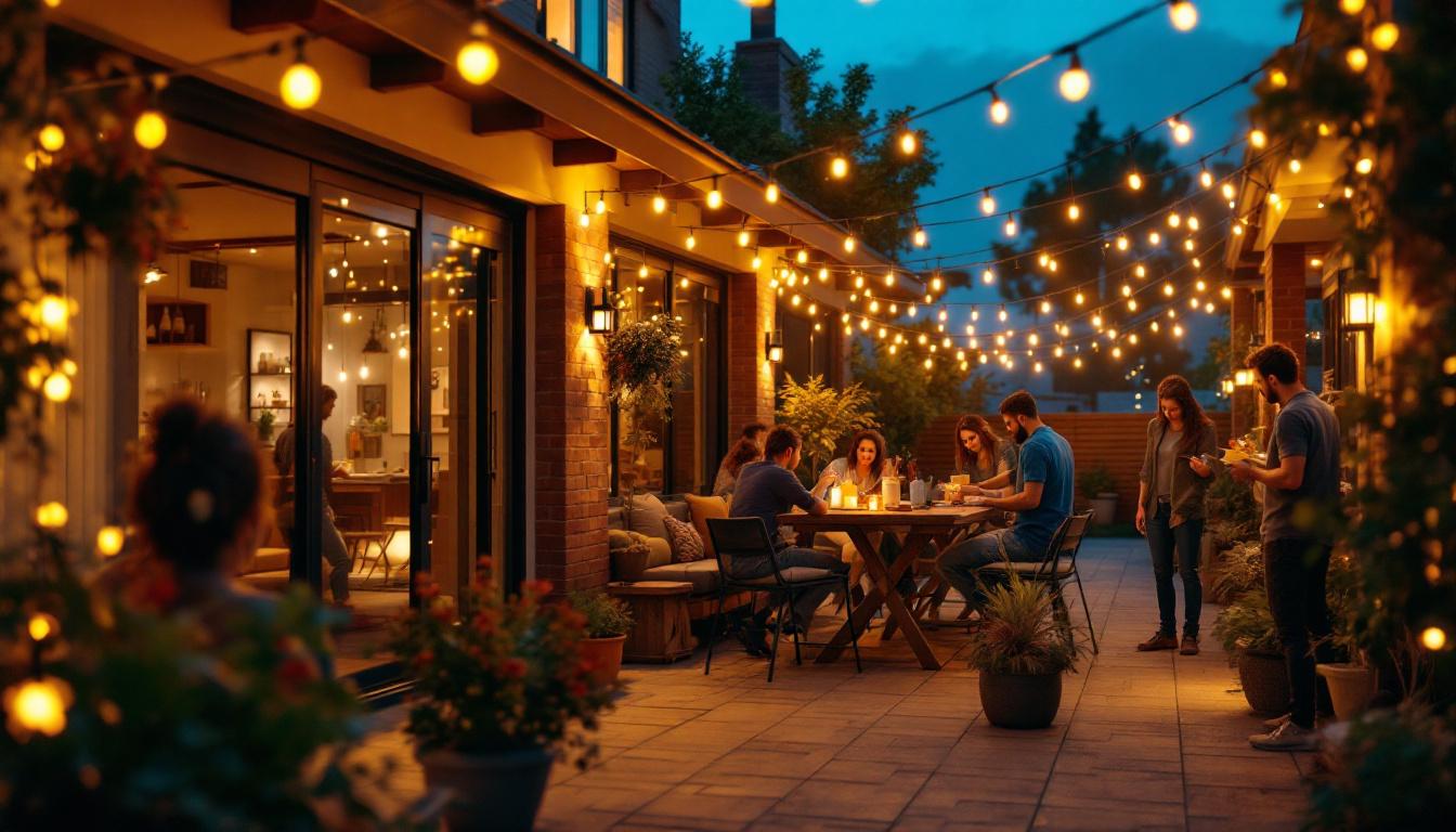 A photograph of a well-lit outdoor patio scene adorned with decorative lights