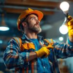 A photograph of a lighting contractor installing led bulbs in a commercial space