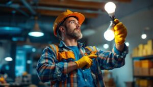 A photograph of a lighting contractor installing led bulbs in a commercial space