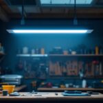 A photograph of a well-lit workshop or garage featuring a 5000 lumens led shop light in action