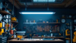 A photograph of a well-lit workshop or garage featuring a 5000 lumens led shop light in action